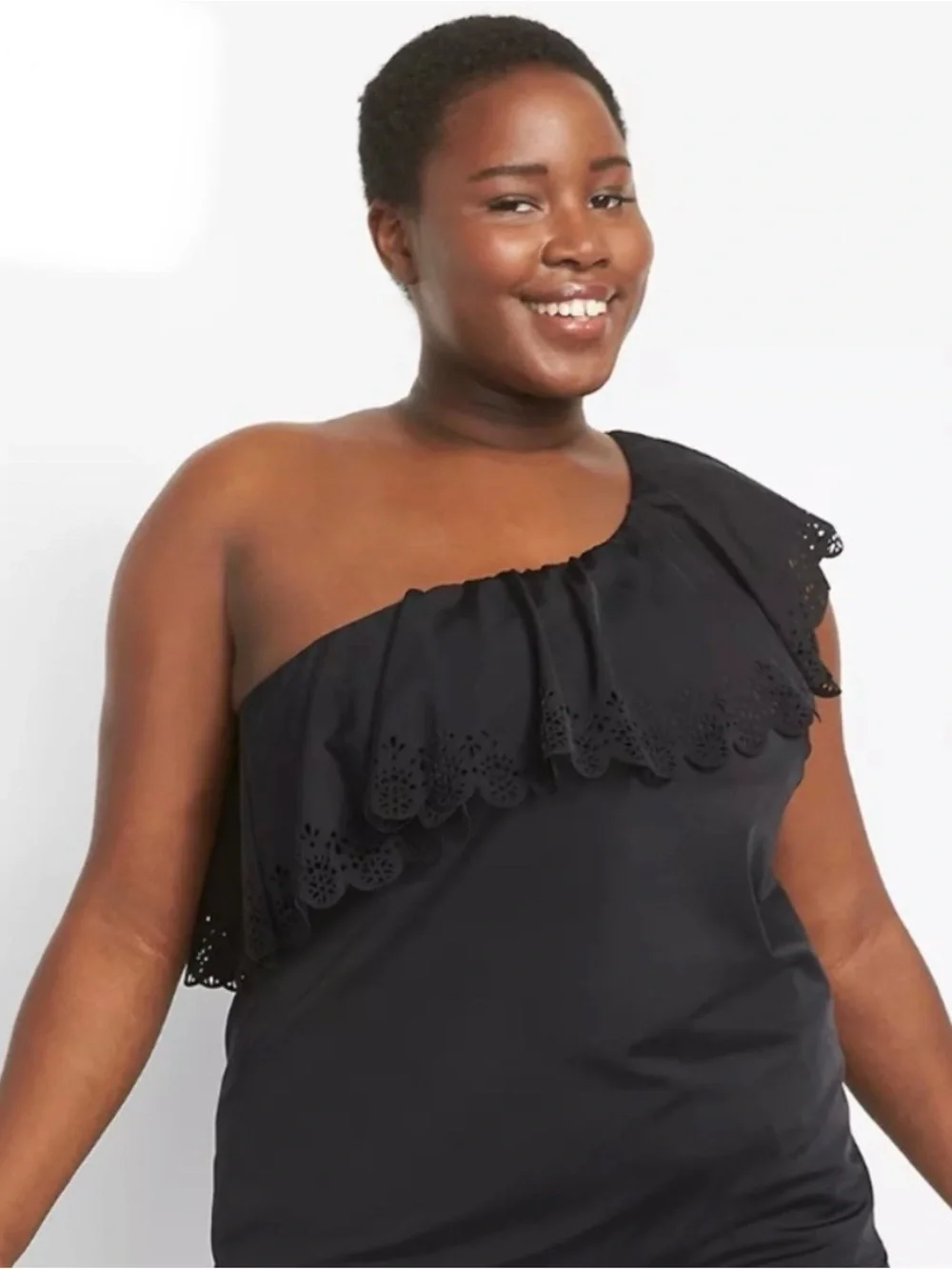 Cacique No-Wire Laser Cut One-Shoulder Ruffle Swim Tankini Top Plus Size 24